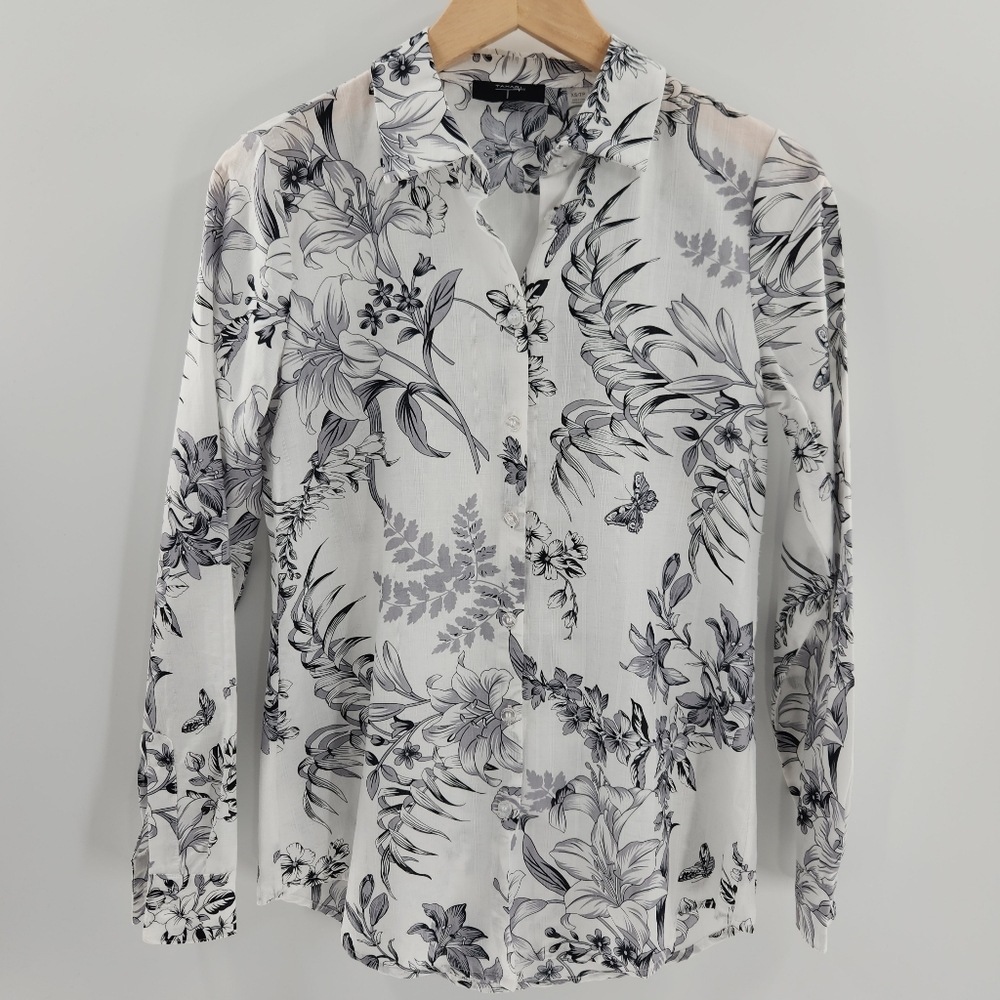 Tahari Black and White Botton Up Long Sleeve Top Womens XSmall